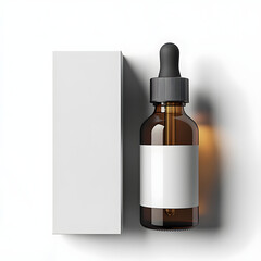 Amber dropper bottle with blank white label and packaging box mockup