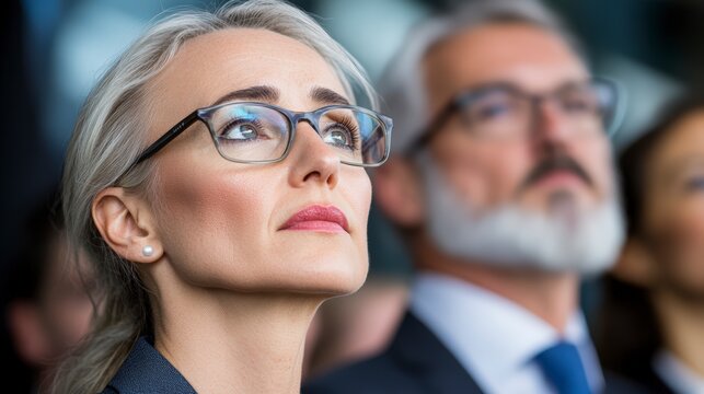 Attentive Person In Business Meeting, Upward Gaze, Gray Hair, Glasses