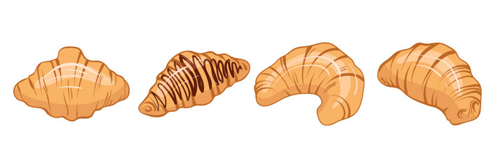 French croissant in flat style. Fresh pastry, for menu, cafe, bakery, logo, packaging. Vector set of sweet food. Tasty dessert for breakfast.