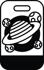 A black and white image of a cell phone with a planet on it