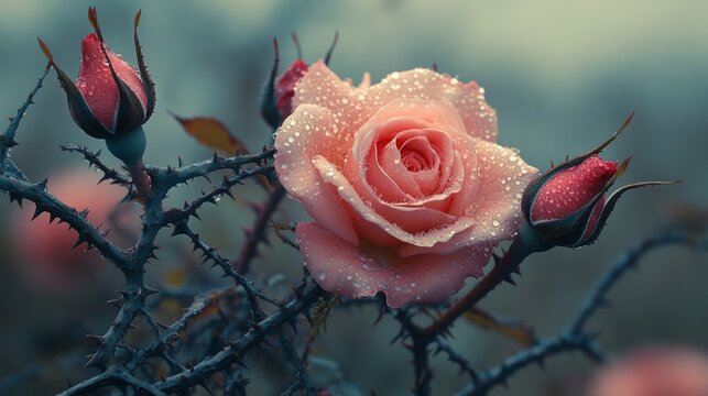 A beautiful pink rose blooms among budding roses, with dewdrops sparkling in the gentle morning light