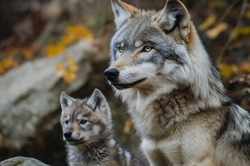 Obraz premium Wolf Mom and Pup. In the Wild: Grey-Furred Wolf and Her Cub in Natural Habitat
