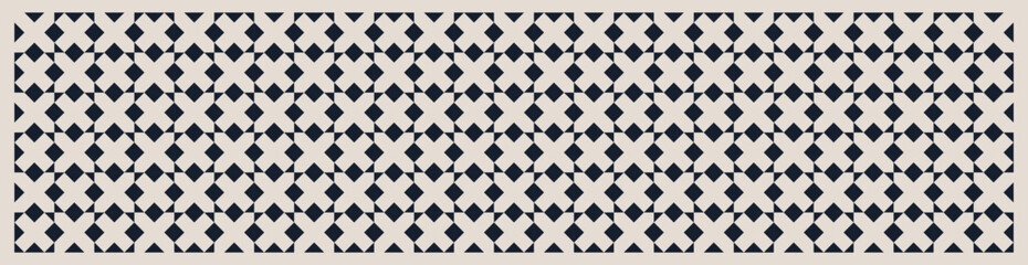 Abstract geometric vector seamless pattern in navy blue and cream. Repeated and decorative design that can be used for banners, packaging, decorating, interior design, textiles and more.