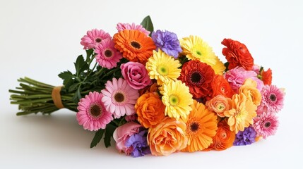 Colorful bouquet of flowers arranged neatly on white background, isolated and vibrant