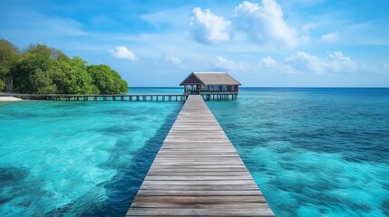 Fototapeta premium A tropical oasis with a wooden walkway leading to a private retreat overlooking the turquoise sea. 
