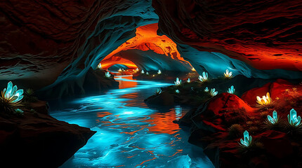 Fototapeta premium A glowing underground river winds through a vast cavern, illuminated by bioluminescent plants and crystals. The tranquil scene feels like a hidden wonder beneath the earth. Created with generative AI