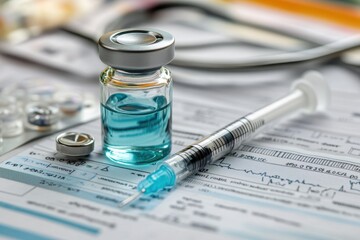 Medical vial and syringe on examination papers in a healthcare setting during daytime hours