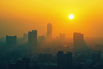 Thick, yellow smog obscures sun, buildings indistinct, environment, chimney