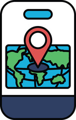 A phone with a map of the world and a red dot on it