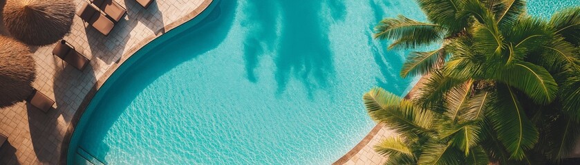 An overhead, top-down image of a swimming pool, emphasizing its curved design and the tropical surroundings.