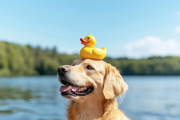 Cheerful dog posing by a lake with a vibrant yellow duck toy on its head, creating a playful and cute scene, perfect for depicting fun, joy, and outdoor moments involving pets and toys.