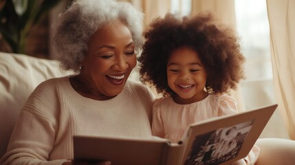 Grandmother and granddaughter sharing precious moments looking at photo album