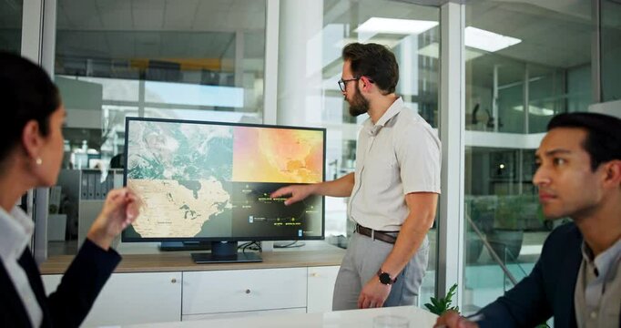 Business people, presentation and map on screen in office, wind turbine or sustainable idea for clean energy. Monitor, meeting and team speaker, discussion or pitch climate project for global funding