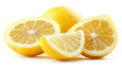 Fresh lemon cut into wedges, isolated on a white background, bright and vibrant