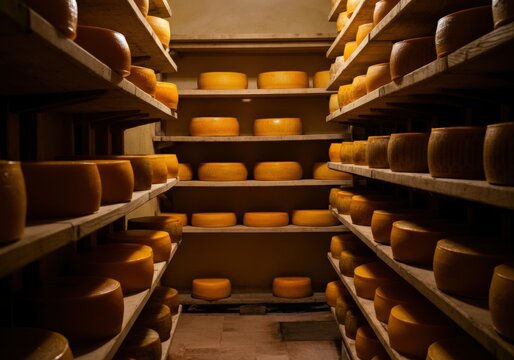 Rows of aging cheese wheels in a rustic storage room