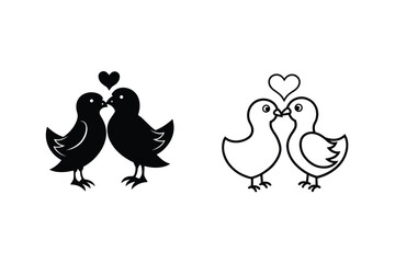 Two Birds Kissing, Love Birds, Valentines Day, Romance, Couple, Icon, Silhouette, Outline, Graphics,