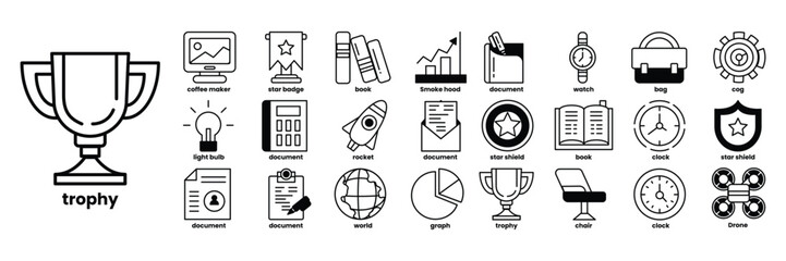 A set of icons for a trophy, including a book, a watch, a laptop, a calculator