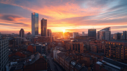 Manchester, UK &acirc;&euro;&ldquo; October 15, 2023: A stunning morning view of Manchester&acirc;&euro;&trade;s skyline as the sun rises between towering skyscrapers