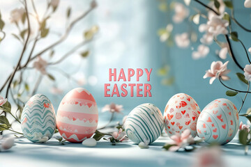 Easter eggs. Pastel-colored eggs with text inside “HAPPY EASTER”