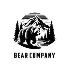 Bear walking with mountain view, white background logo design