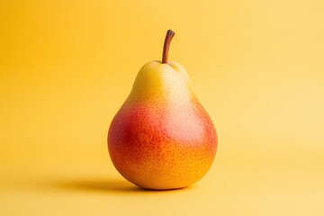 A perfectly ripe pear against a brightly colored yellow background
