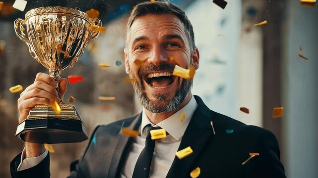 Triumphant CEO: A jubilant businessman holds up a golden trophy in a moment of exuberant success. Celebrate achievement with this dynamic image.