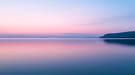 Obraz premium Tranquil sunset reflection over calm waters seaside landscape serene nature photography peaceful environment wide-angle view serenity concept