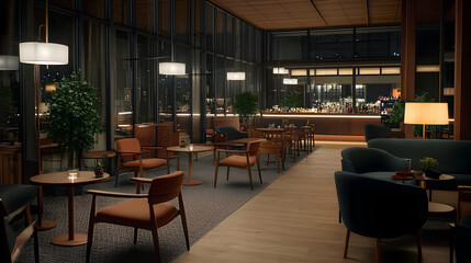 Obraz premium Interior View Of A Modern Restaurant With Dim Lighting And Empty Tables And Chairs During Evening