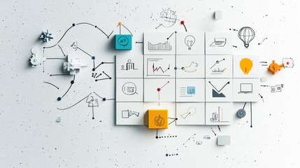 Exploring the Multifaceted Symbols on a White Wall that Represents Various Business Concepts and Models
