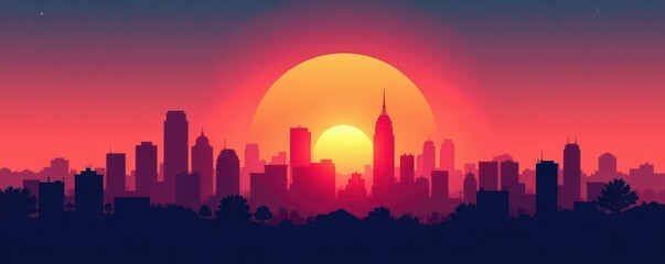 Horizontal vector illustration of city skyline at sunset, building silhouettes , skyscrapers, dark