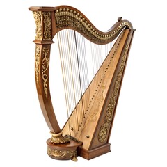 Obraz premium Harp Musical Instrument Elegant Design, Classic Wooden String Harp Isolate on White Background Download.