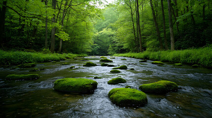 Obraz premium Lush Green Forest Stream Flowing Through Moss Covered Rocks with Sunlight and Natural Surroundings