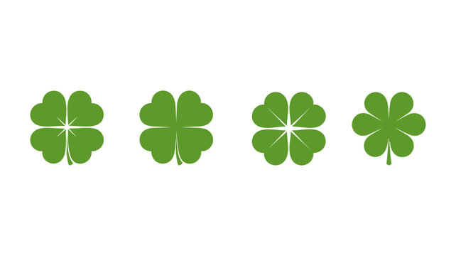 Set of four green clover icons in various designs, including 3-leaf, 4-leaf, and minimalistic representations perfect for St. Patrick’s Day, good luck themes, or nature-inspired designs