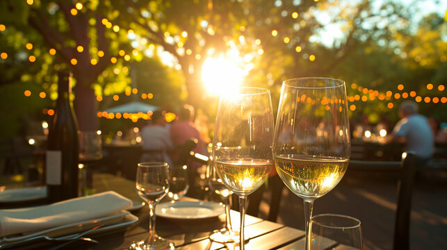 A group of people with wine glasses at an outdoor dining table, celebrating the joy and connection during social gatherings summertime