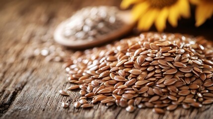 Obraz premium Healthy flaxseeds on rustic wooden surface.