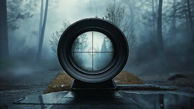 Sniper rifle optical sight with crosshairs aiming at a misty, mysterious forest path