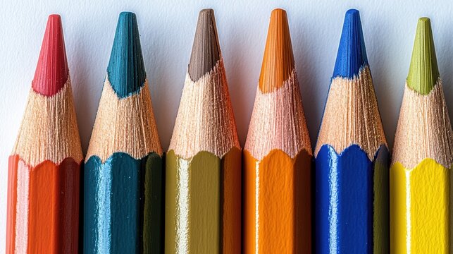 An assortment of colorful pencils arranged in a neat row on a white background