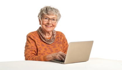 PNG Smiling senior woman with laptop background glasses happy.