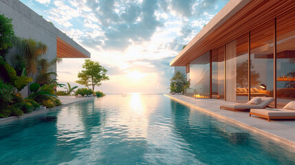 Luxury summer vacation resort hotel with swimming pool