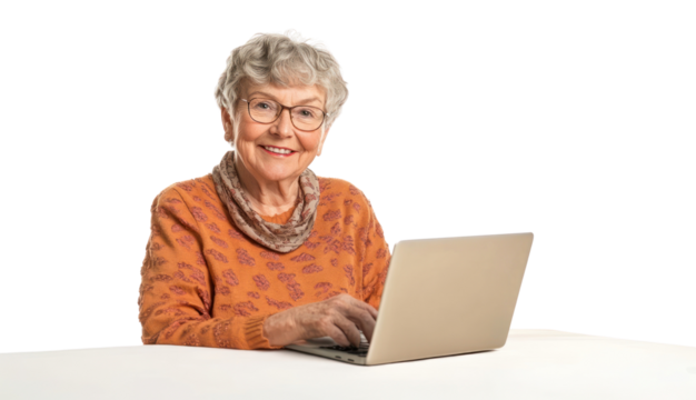 PNG Smiling senior woman with laptop background glasses happy.