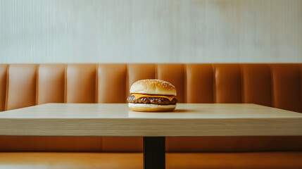 A single cheeseburger with melted cheese in a sesame bun placed at the center of a clean wooden table, with a leather booth and minimal background.