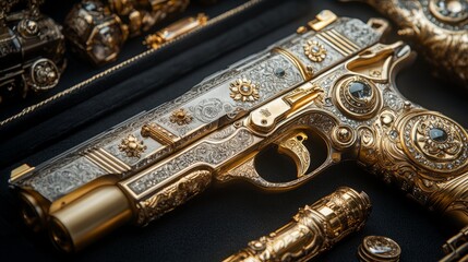 A lavish golden handgun with intricate designs and gemstones, showcasing exquisite craftsmanship