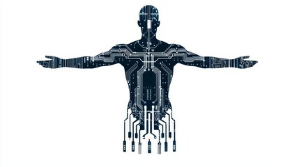 A futuristic silhouette of a human with a circuit board design, symbolizing the integration of technology and humanity.
