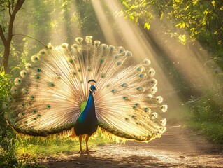Obraz premium A peacock with its magnificent open feathers