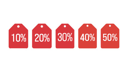 Set of discount tags with percentages (10% to 50%) in red color, ideal for promotional sales, price tags, retail, and seasonal discounts in e-commerce