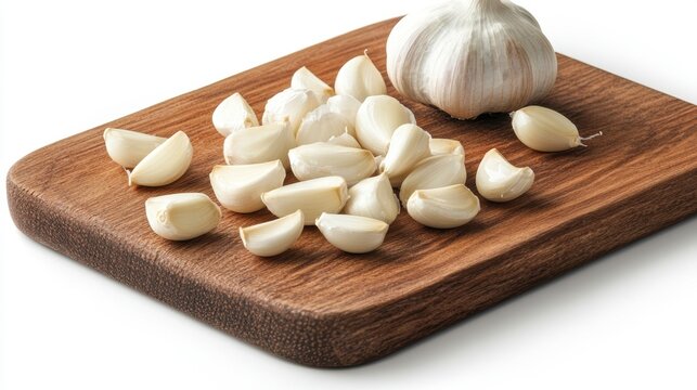 A wooden cutting board with fresh garlic cloves, isolated on a white background