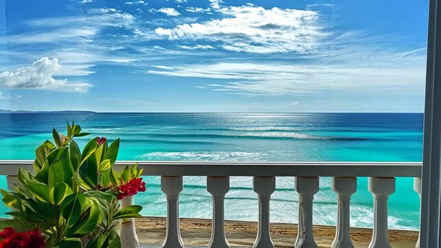 Captivating Ocean View from Balcony with Potted Plant, Tranquil Seaside Escape