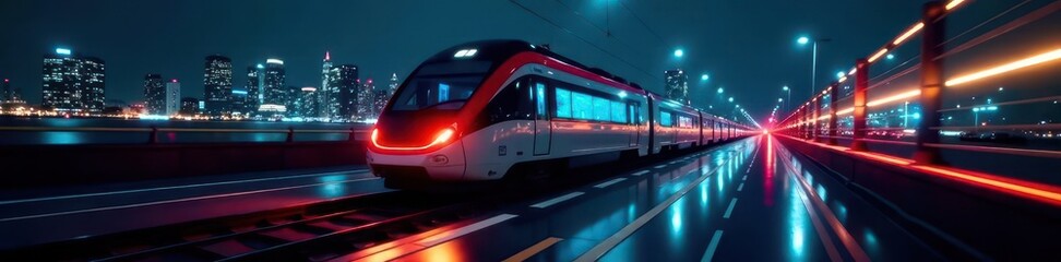 Naklejka premium Sleek, illuminated train speeding through dark cityscape at night, tracks, advanced