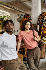 Loving gay couple enjoying a cozy date at a charming cafe in the heart of the city