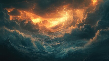 Storm raging over the sea, with massive waves crashing against each other under a dark ominous sky